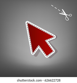 Arrow sign illustration. Vector. Red icon with for applique from paper with shadow on gray background with scissors.