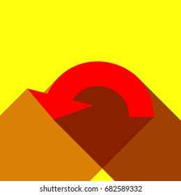 Arrow sign illustration. Vector. Red icon with two flat reddish shadows on yellow background.