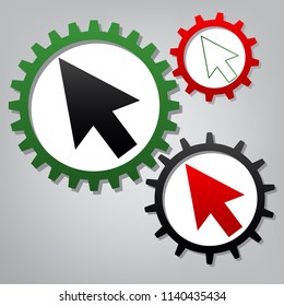 Arrow sign illustration. Vector. Three connected gears with icons at grayish background.