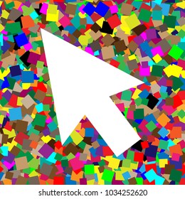 Arrow sign illustration. Vector. White icon on colorful background with seamless pattern from squares.
