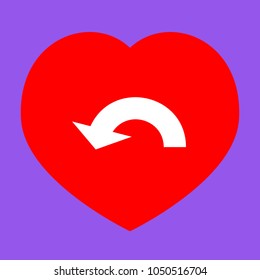 Arrow sign illustration. Vector. White icon in red heart at lavender background.
