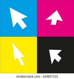 Arrow sign illustration. Vector. White icon with isometric projections on cyan, magenta, yellow and black backgrounds.