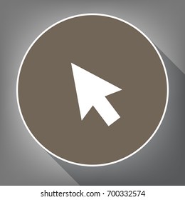 Arrow sign illustration. Vector. White icon on brown circle with white contour and long shadow at gray background. Like top view on postament.