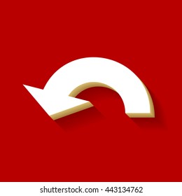 Arrow sign illustration. White button icon with wood color and shadow on dark red background.