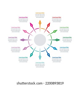 plantilla infográfica de signo de flecha. rueda, plantilla informativa circular. siete opciones plantilla de infografía. negocio, educación, revista, informe anual, plantilla de información de internet