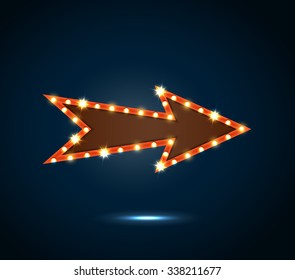 An arrow sign with light bulbs on blue background.Vector