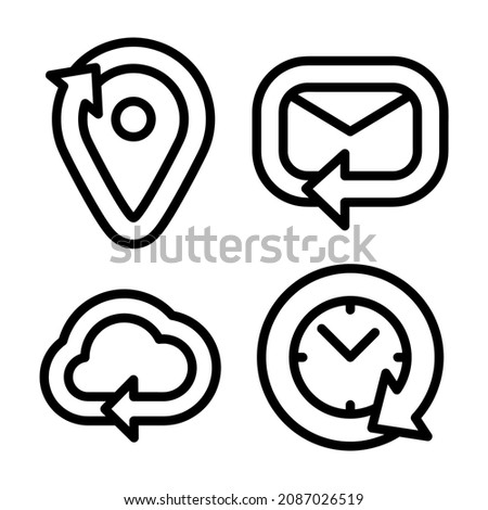 Arrow sign linear set icon in location, mail, cloud and clock. A set combined with an arrow of the same linear thickness. Unique mail, location, time and etc design.