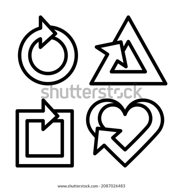 Arrow sign linear set\
icon in square, round, triangle and heart. Set of geometric shapes\
with arrows of the same linear thickness. Unique square, triangle\
and etc design.