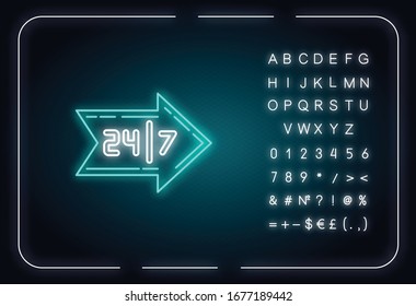 Arrow sign neon light icon. Around the clock marketing service. Open everyday. Store direction. Outer glowing effect. Sign with alphabet, numbers and symbols. Vector isolated RGB color illustration