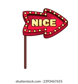 Arrow sign with Nice text vector illustration. Cartoon isolated retro photo booth props and Christmas sticker with red arrow frame on stick and word of funny bubble yellow font, cute decoration