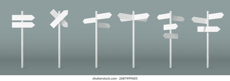 Puestos de la señal de la flecha fijados aislados en el fondo. Vector ilustración realista de indicadores de dirección blancos, carretera de la ciudad o punteros de la calle, señal de elección, letrero en blanco con poste de madera, señales de tráfico