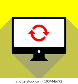 Arrow sign reload refresh rotation loop pictogram. Vector. Red icon on white monitor of black all-in-one desktop computer with two shadows at yellow background.