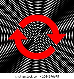 Arrow sign reload refresh rotation loop pictogram. Vector. Red icon on white and black radial interference as background.