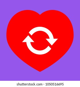 Arrow sign reload refresh rotation loop pictogram. Vector. White icon in red heart at lavender background.
