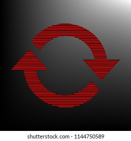 Arrow sign reload refresh rotation loop pictogram. Vector. Striped red and black icon at gradient blackish background. Zebra.