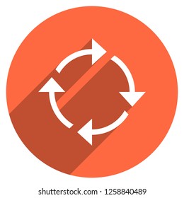 Arrow sign reload, refresh, rotation, loop, repetition, reset icon on circular shape. Round web internet button in flat long shadow style. Design graphic element is saved as a vector illustration EPS