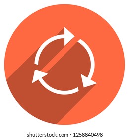 Arrow sign reload, refresh, rotation, loop, repetition, reset icon on circular shape. Round web internet button in flat long shadow style. Design graphic element is saved as a vector illustration EPS