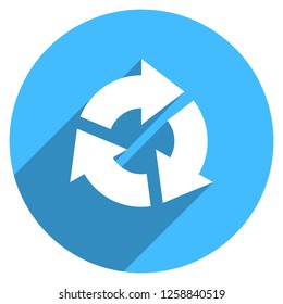 Arrow sign reload, refresh, rotation, loop, repetition, reset icon on circular shape. Round web internet button in flat long shadow style. Design graphic element is saved as a vector illustration EPS