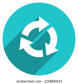 Arrow sign reload, refresh, rotation, loop, repetition, reset icon on circular shape. Round web internet button in flat long shadow style. Design graphic element is saved as a vector illustration EPS
