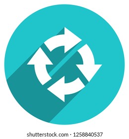 Arrow sign reload, refresh, rotation, loop, repetition, reset icon on circular shape. Round web internet button in flat long shadow style. Design graphic element is saved as a vector illustration EPS