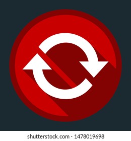 Arrow sign reload refresh rotation loop pictogram. White icon with shadow on round red button at dark cyan background. Illustration.