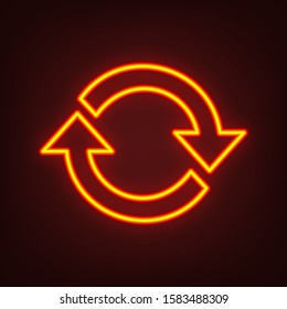 Arrow sign reload refresh rotation loop pictogram. Yellow, orange, red neon icon at dark reddish background. Illumination. Illustration.