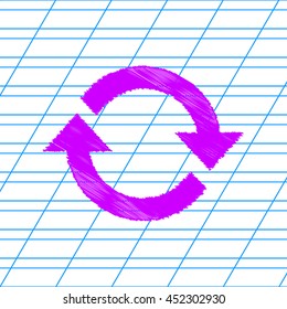 Arrow sign reload refresh rotation loop pictogram. Violet scribble icon with school paper. SUPER.