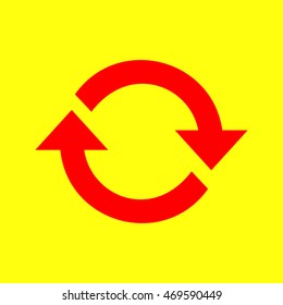 Arrow sign reload refresh rotation loop pictogram. Red on yellow background.