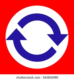Arrow sign reload refresh rotation loop pictogram. Blue icon in white circle at red background. Colors of USA flag. Circumscribed circle. Circumcircle.