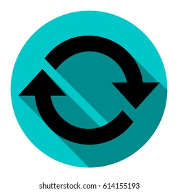 Arrow sign reload refresh rotation loop pictogram. Vector. Flat black icon with flat shadow on royal yellow circle with white background. Isolated.