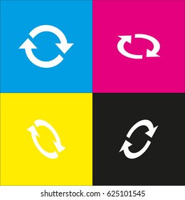 Arrow sign reload refresh rotation loop pictogram. Vector. White icon with isometric projections on cyan, magenta, yellow and black backgrounds.