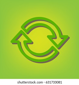 Arrow sign reload refresh rotation loop pictogram. Vector. Green line icon with brown shadow at green-yellow background.