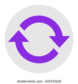 Arrow sign reload refresh rotation loop pictogram. Vector. Violet flat icon on light gray circle at white background. Isolated.