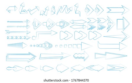 Bogensignalton. Isolierte, flach blaue Richtungszeichensymbol-Sammlung. Vektorpfeile-Designs