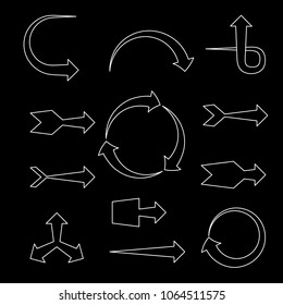Arrow sign set. Isolated on black background.Vector outline illustration.