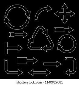 Arrow sign set. Isolated on black background.Vector outline illustration.