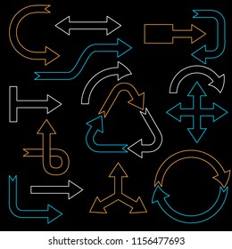 Arrow sign set. Isolated on black background.Vector outline illustration.