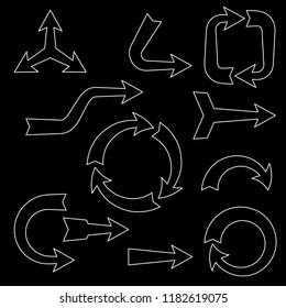 Arrow sign set. Isolated on black background.Vector outline illustration.