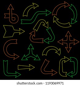 Arrow sign set. Isolated on black background.Vector outline illustration.