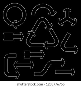 Arrow sign set. Isolated on black background.Vector outline illustration.