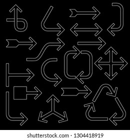 Arrow sign set. Isolated on black background.Vector outline illustration.