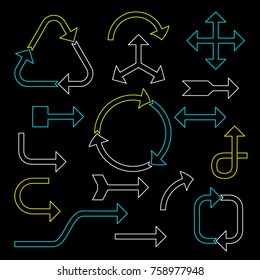 Arrow sign set. Isolated on black background.Vector outline illustration.
