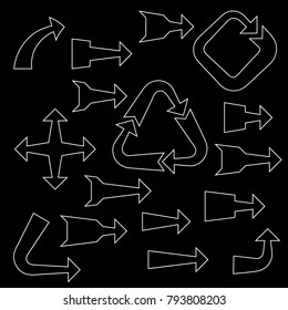 Arrow sign set. Isolated on black background.Vector outline illustration.