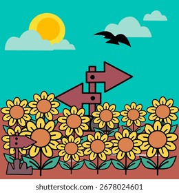 Pfeilsymbol im Sonnenblumenfeld