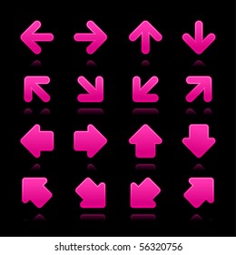 Arrow sign web 2.0 internet buttons. Satin pink shapes with reflections and shadows on black background