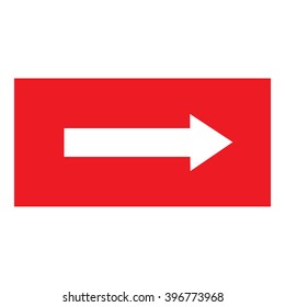 Arrow sign white icon in red rectangle. Isolated on white background .Vector to right symbol marks. Arrow sign picture. Red sticker vector illustration. Flat vector image. Vector illustration.