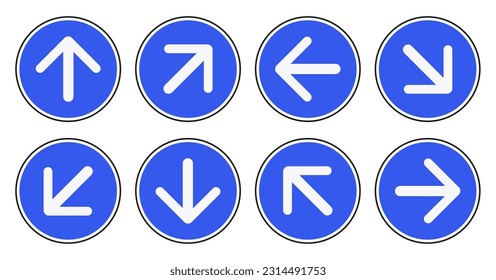 Arrow signs set. Collection of icons with white arrows in blue circles. Flat style arrows isolated on white background. Vector style. ESP 10.