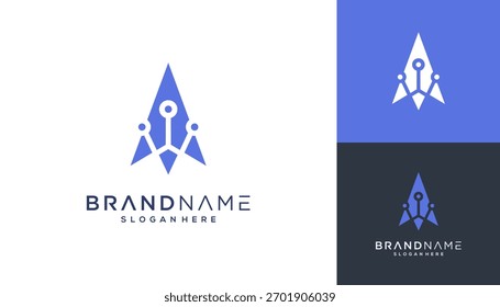 Flecha hacia arriba con silueta de punto de conexión de Vector de tecnología de inspiración de diseño de logotipo.	
