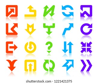 Arrow silhouette icons set. Web sign pointer kit. Button monochrome pictogram collection twist, question, rewind. Simple arrow color contour symbol with reflection. Vector Icon shape isolated on white