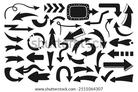Arrow silhouette set. Infographic various directions pointer, cartoon cursor sign collection. Design different black shape arrows symbol up, left right down. Vector for business plan or education app